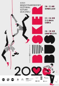 Ilustrowany plakat promujący festiwal BuskerBus 2022. Postacie przedstawiają akrobatów oraz muzyka z gitarą
