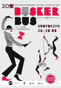 Ilustrowany plakat Festiwalu BuskerBus 2022 w Krotoszynie. Postacie przedstawiają żonglera diabolo i akrobatów