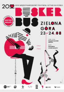 Ilustrowany plakat festiwalu BuskerBus w Zielonej Górze. Postacie przedstawiają gitarzystę i akrobatów.